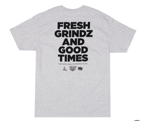 Tanioka's X In4Mation T-Shirt Fresh Grindz and Good Times Gray