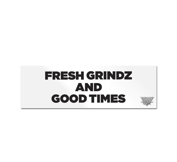 Tanioka's X In4Mation Bumper Sticker Fresh Grindz & Good Times White w/Black Letters