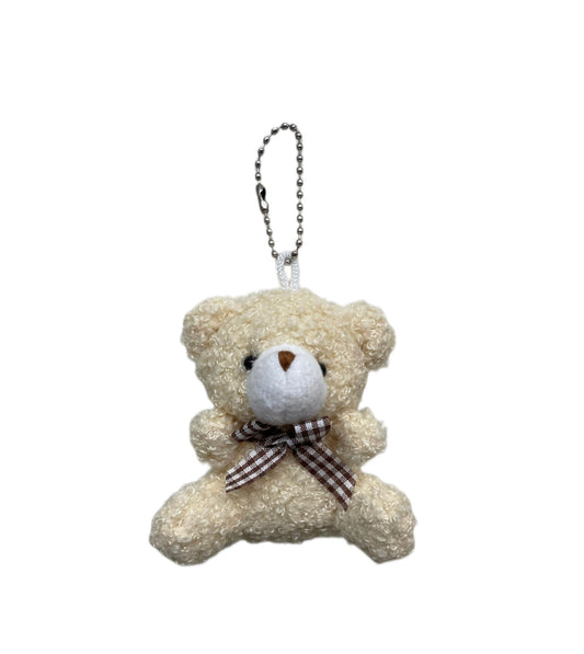 Keychain & Back Pack Charm 3.5" Bear, Cream Color with Brown Checkered Neck Bow