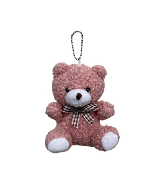 Keychain & Back Pack Charm 4" Bear, Mauve with Brown Checkered Neck Bow