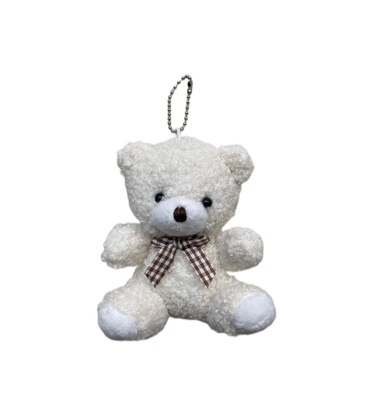 Keychain & Back Pack Charm 4" Bear, Off White with Brown Checkered Neck Bow