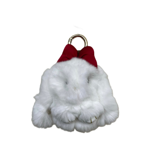 Keychain & Backpack Charm Bunny, White, Stuffed Red Hair Bow